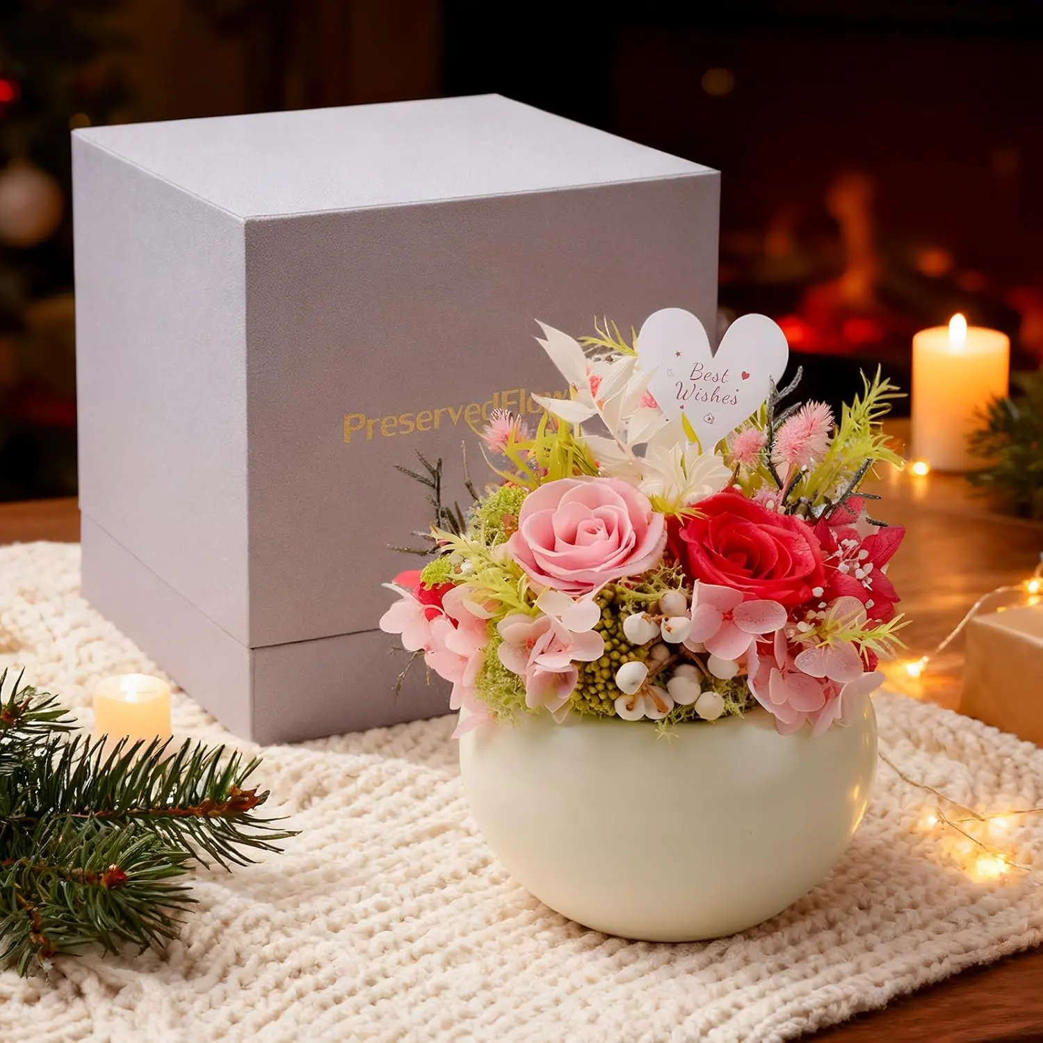 Pink Preserved Forever Rose Bouquet with Ceramic Vase - Prime Delivery, Home Decor Floral Arrangement, Ideal Gift for Women, Women Gift