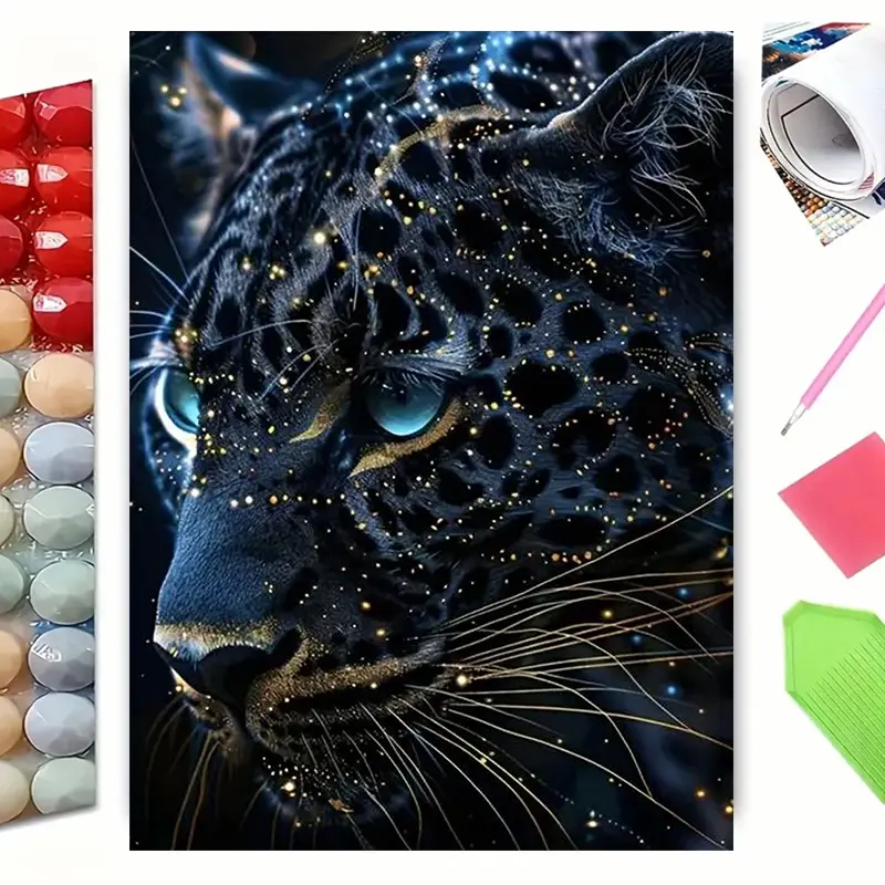 5D Diamond Painting Kit Sparkling Black Panther with Bright Blue Eyes, Full Round Drill DIY Diamond Art, Golden Glitter Panther Close Up Portrait Mosaic Picture, Wildlife Wall Decor Gift
