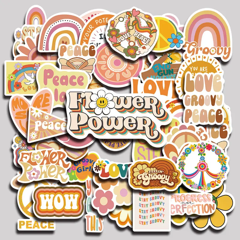 50PCS Groovy Boho Hippie Aesthetic Vinyl Stickers Pack for Laptop Water Bottle Phone Case Skateboard Journal Scrapbook DIY Decoration