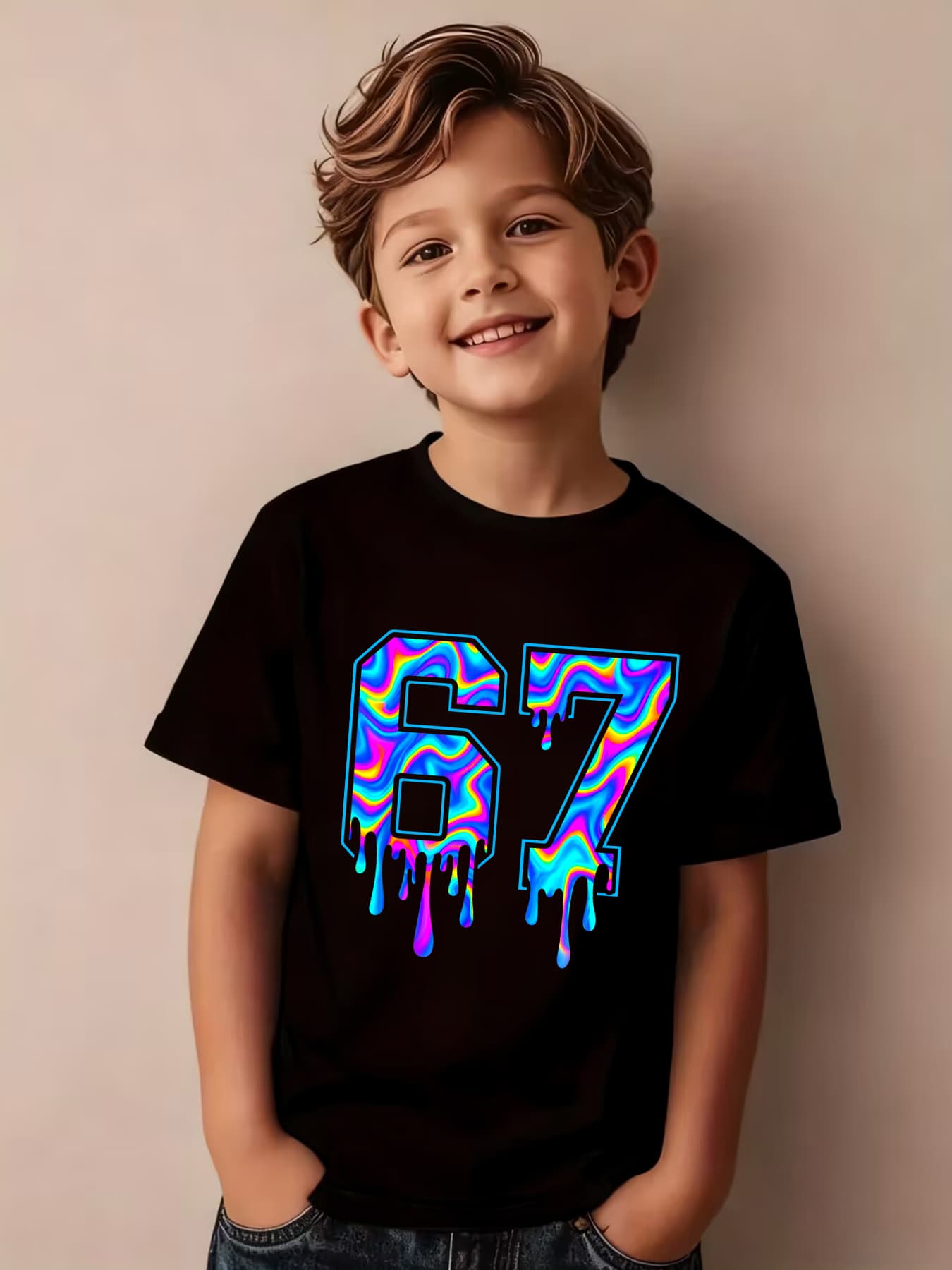 Boys' Summer Short Sleeve T-Shirt with 6 & 7 Number Cartoon Print - Bright Colors Casual Round Neck Top for & Play - Casual Attire (Hand Washable) NY-DX7729