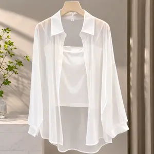 Summer breathable sun shielding shirt for ladies, thin comfy casual outerwear, flowy relaxed fit everyday blouse