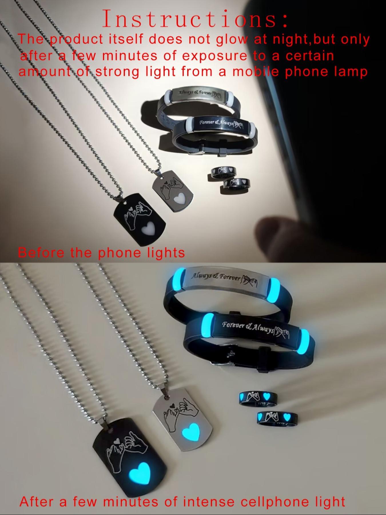 Heart Design Luminous Couple Pendants Necklace & Bracelet & Ring Set, Fashion Jewelry for Party, Daily Clothing Decor, Trendy All-match & Exquisite Jewelry for Birthday Gift, Fashionable Jewelry Set