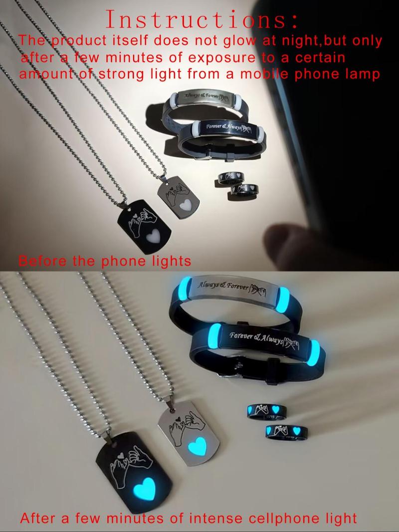 Heart Design Luminous Couple Pendants Necklace & Bracelet & Ring Set, Fashion Jewelry for Party, Daily Clothing Decor, Trendy All-match & Exquisite Jewelry for Birthday Gift
