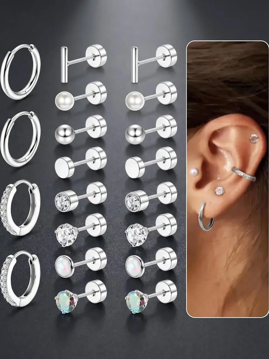 Hypoallergenic stud earrings, suitable for sensitive ears, 20g flat medical steel studs, small silver earrings, unisex set, niche fashion stud earrings, hoops, and jewelry accessories