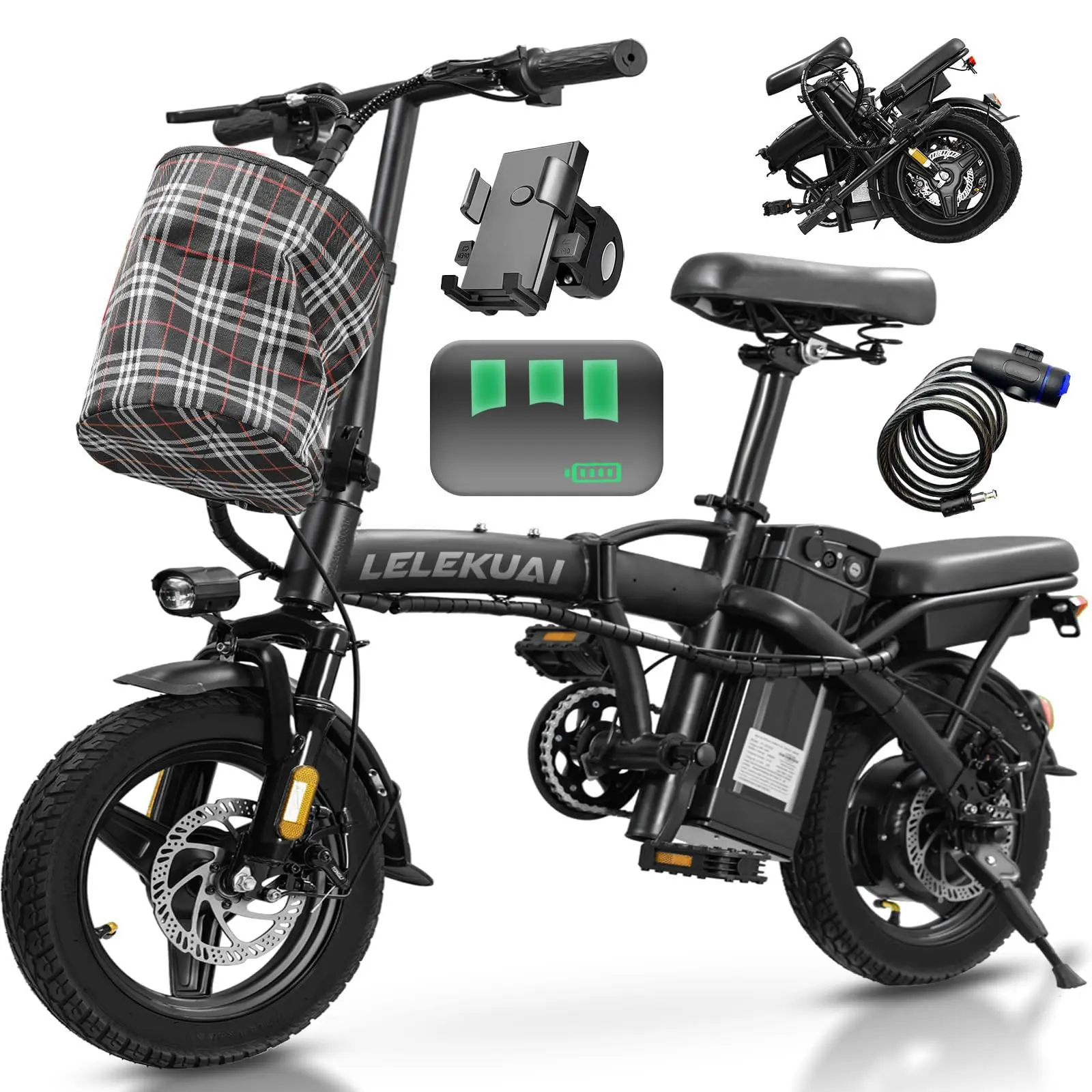 B: T5 24MPH 14" Foldable Electric Bike (Black)