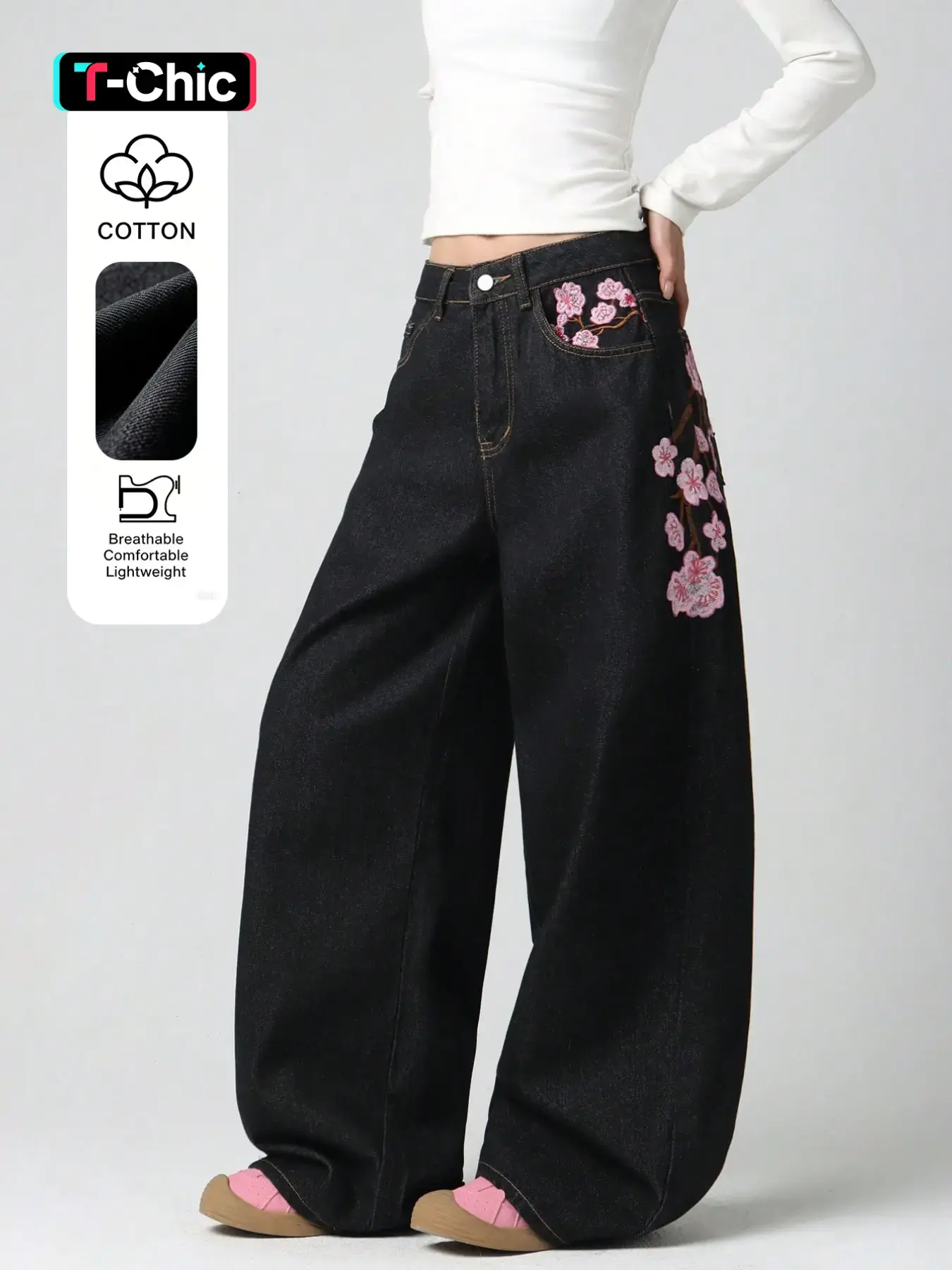 New Traditional Cherry Blossom Embroidery Wide Leg Jeans for Women, High Waist Flowy Slimming Versatile Denim Long Pants