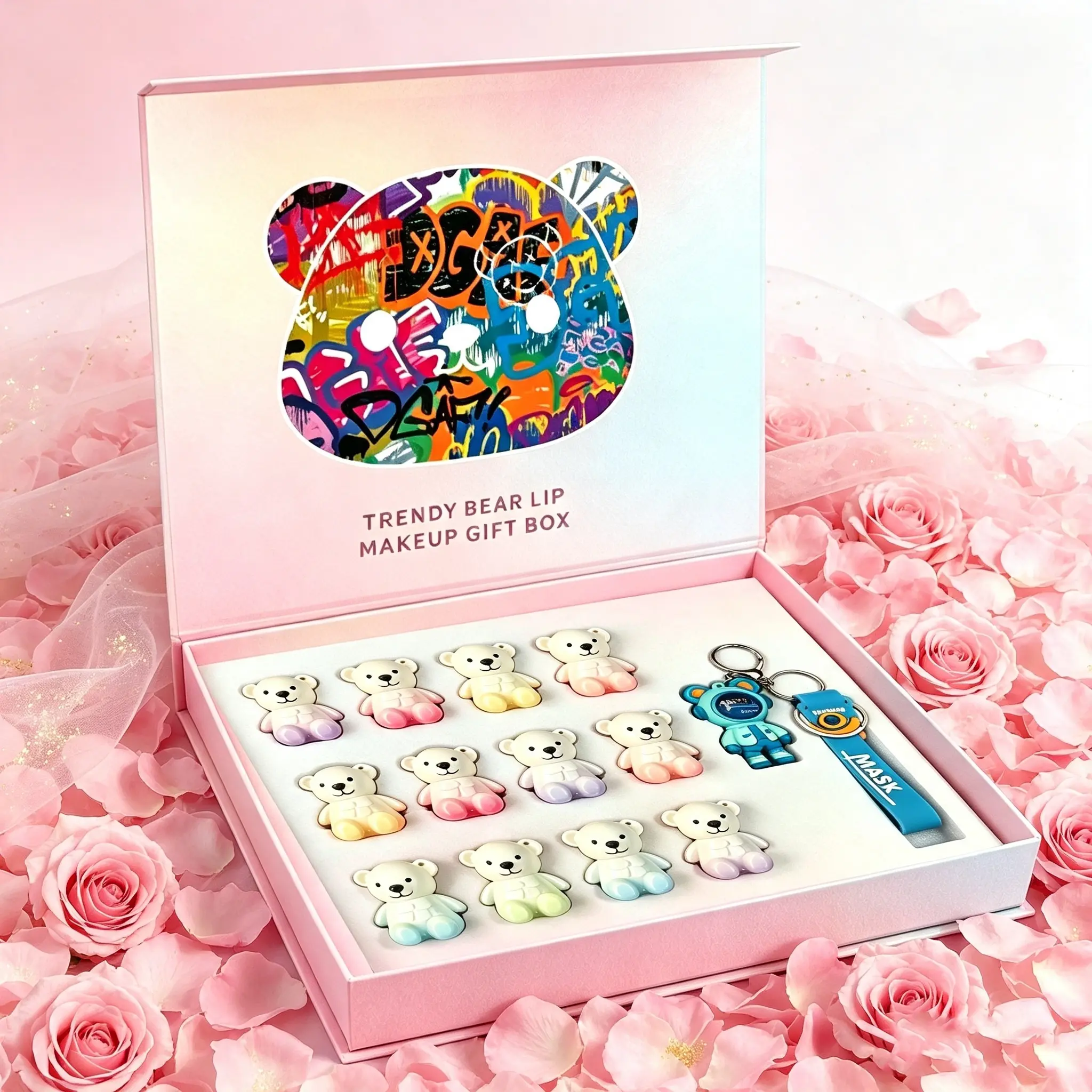 Cute Bear Lip Gloss Gift Box Set, 12Pcs Cartoon Bear‑Shaped Mirror Lip Gloss Kit with Keychain Pendant, Multi‑Shade Hydrating Lip Makeup Set, Gift‑Ready Lip Makeup Collection for Women Girls Party Holiday Present, Hydrating Glosses