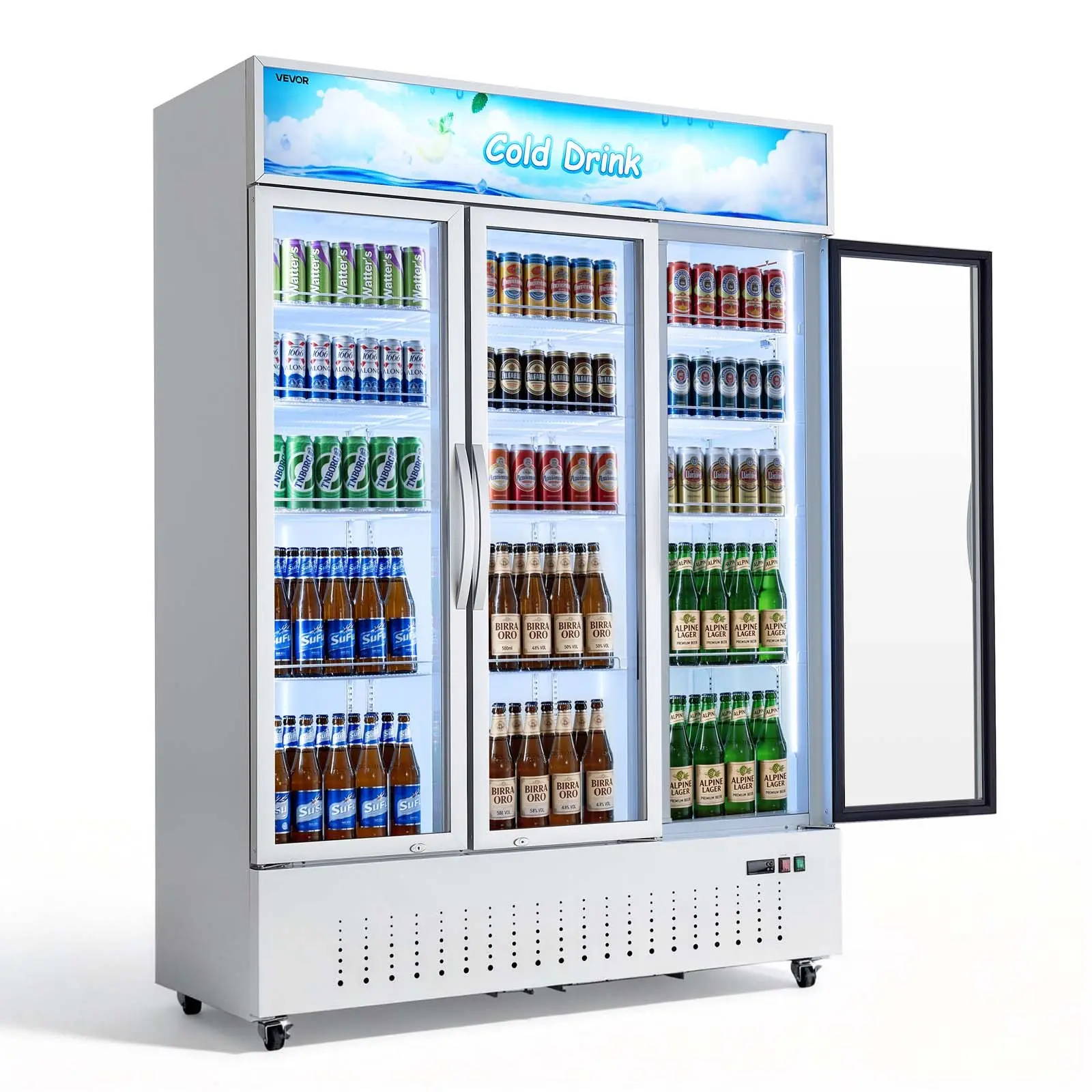 VEVOR Commercial 3-Glass Door Merchandiser Refrigerator, 36.4 Cu. Ft/1030L Upright Beverage Cooler for Beverage Cooling, Customizable Lightbox, 12 Adjustable Shelves, Soft LED Lighting, Casters, Glass Doors