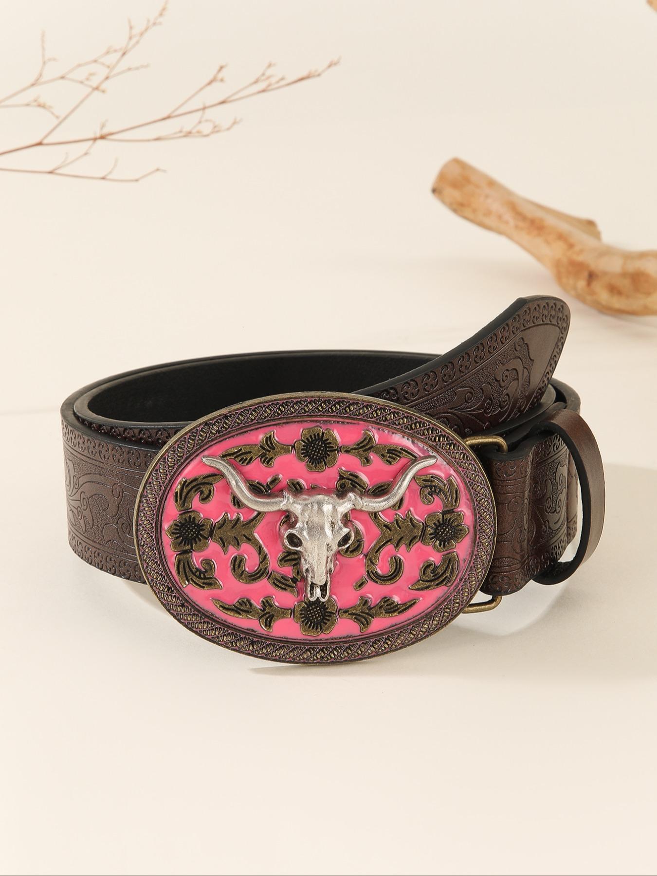 Vintage Flowers Embossed Western Belt with Cow Decor Buckle, Western Belt Buckles, Fashion All-match Cowboy Waistband for Jeans, Trendy Accessories for Daily Life