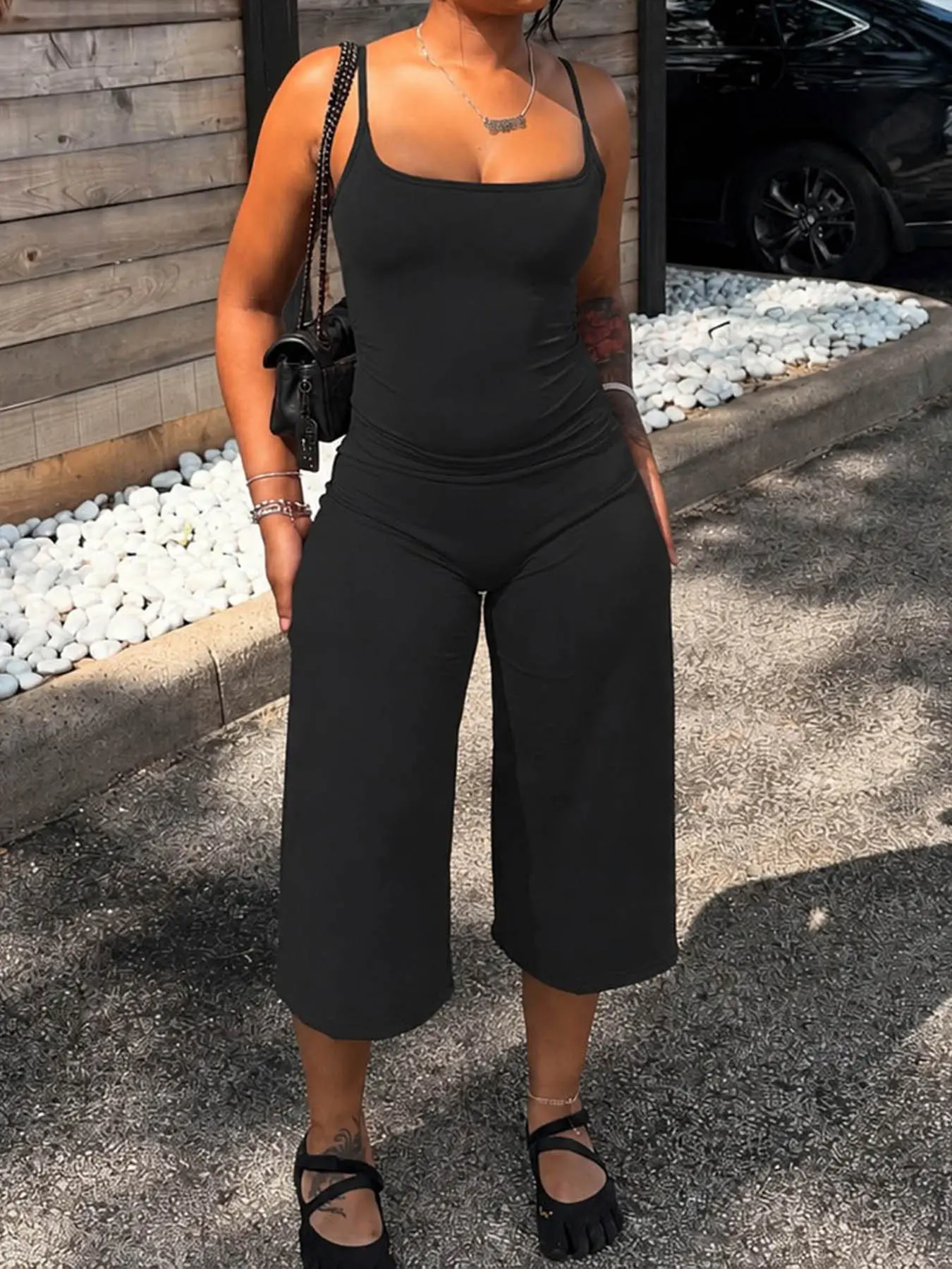 Thin Strap Backless Slim Fit Jumpsuit, Women's Simple Casual Wide Leg Pants, Plain Surface, Unlined, Mezz9866