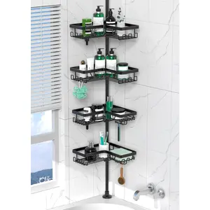 Corner shower shelf with adjustable rod - Four-layer stainless steel rust-proof shower corner shelf, suitable for bathtubs, bathroom shower rooms, storage rack, adjustable rod length 25-114.2inch, black: Home and Kitchen