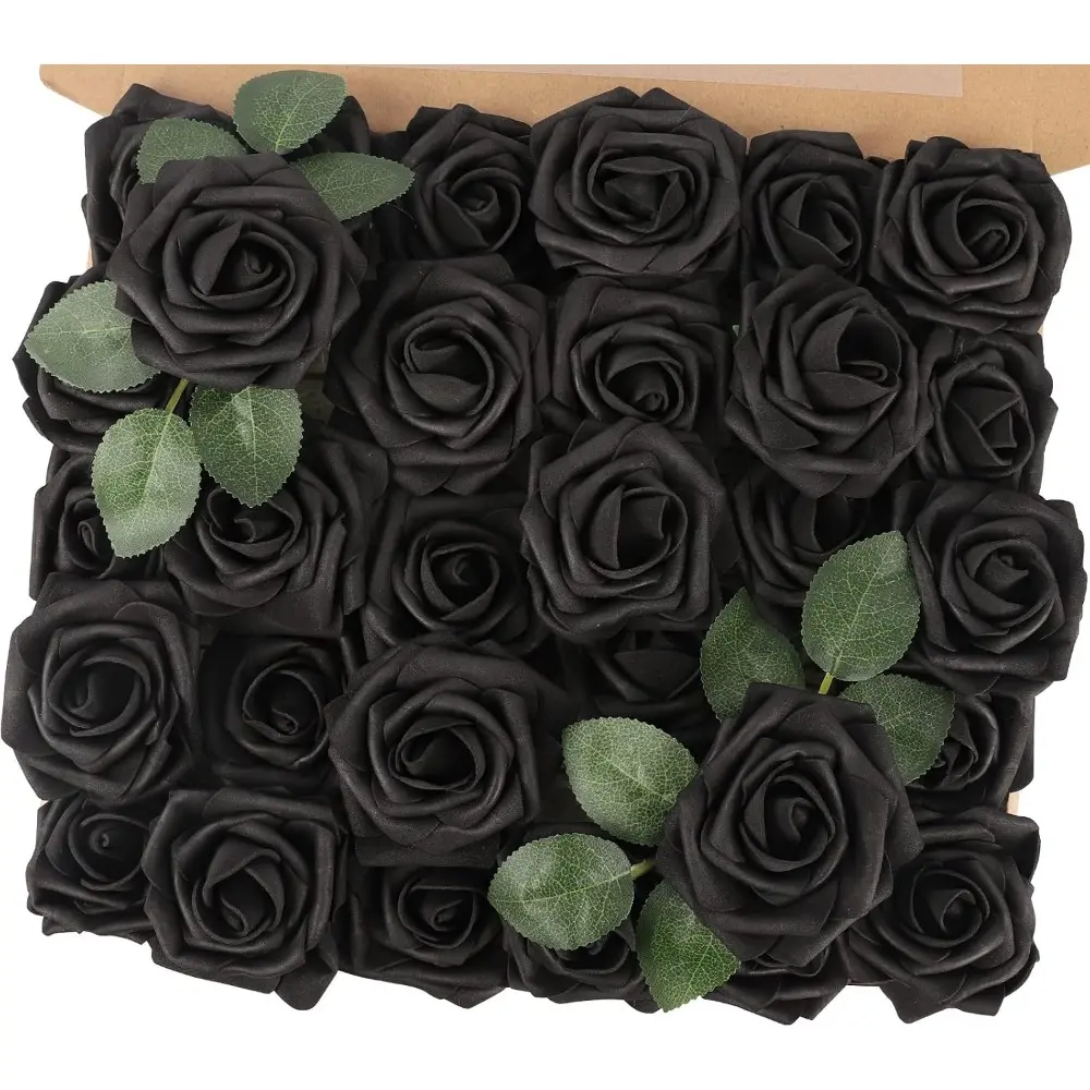 50pcs Artificial Black Rose Flowers Real Touch Fake Flowers with Stem Foam Roses for DIY Wedding Bouquet Gifts Table Centerpieces Party Bridal Shower Home Spring Mothers Day Decorations