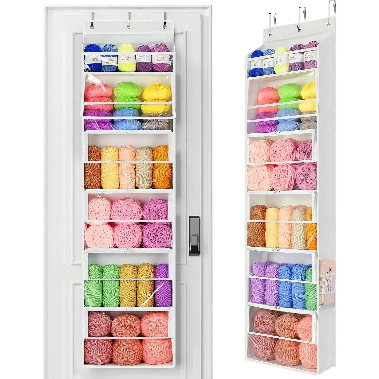 Hanging Yarn Storage Organizer with 6 Zippered Closure Compartments, Heavy Duty Stuffed Animal Storage with Clear PVC, Dustproof Yarn Holder for Crocheting Storage, Pearl White 6 Tier