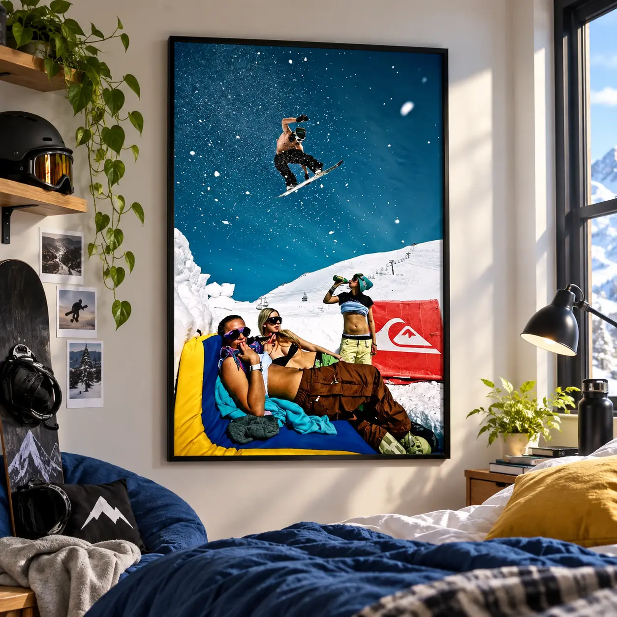 Snowboard Jump Wall Art Canvas Print, Vintage Ski Resort Winter Mountain Poster, Alpine Decor for Teen Bedroom Ski Cabin Living Room
