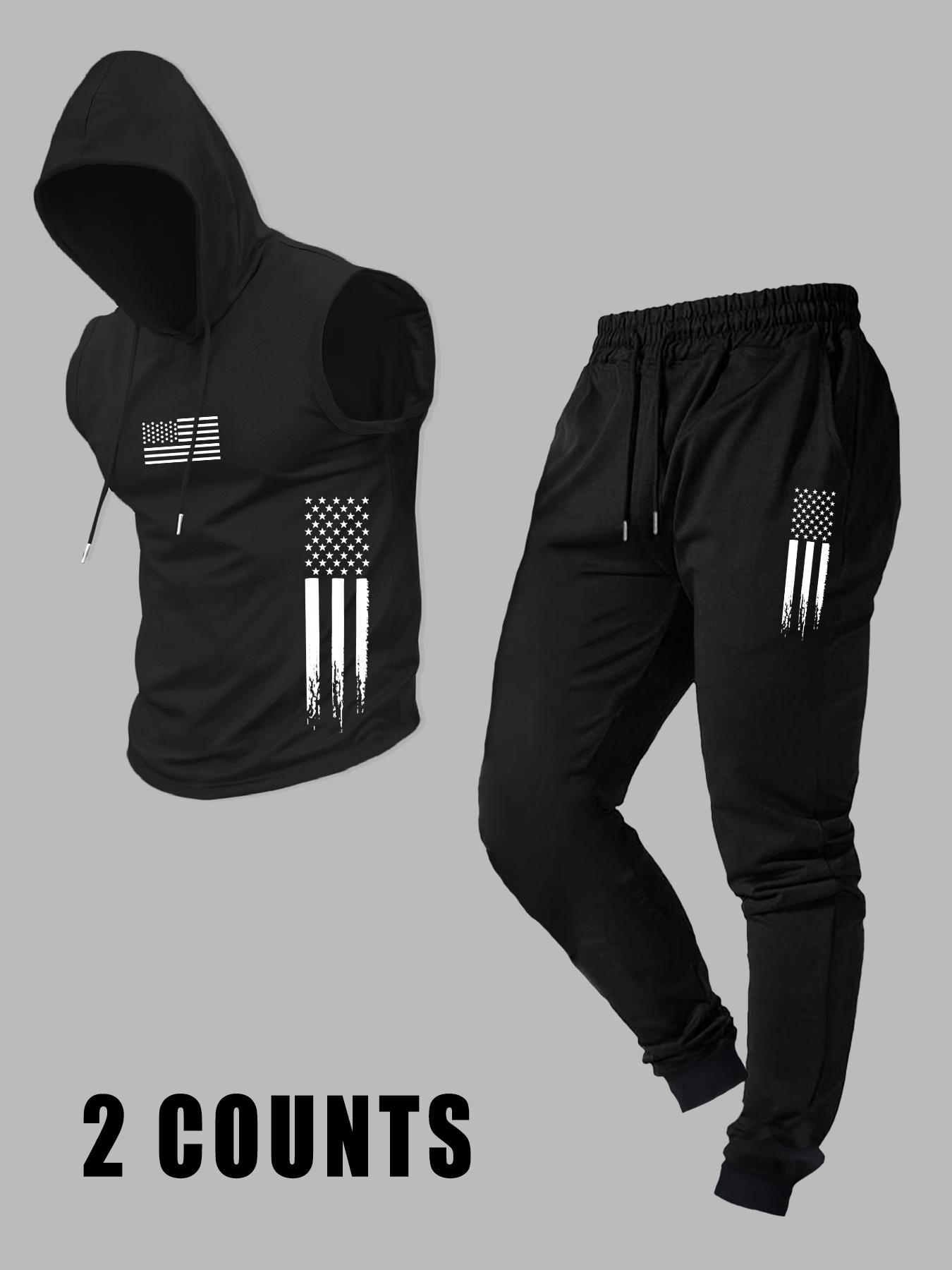 Men's Casual Hooded Vest with Long Pants, Comfortable Fitted Knit Fabric for Fall Season, Stylish Set for Everyday Wear, Activewear