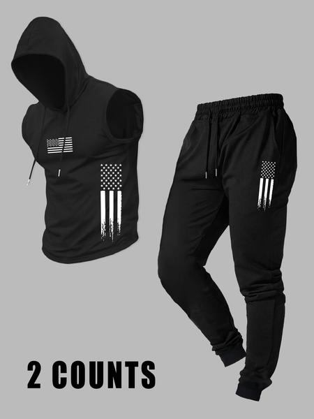 Men's Casual Hooded Vest with Long Pants, Comfortable Fitted Knit Fabric for Fall Season, Stylish Set for Everyday Wear, Activewear