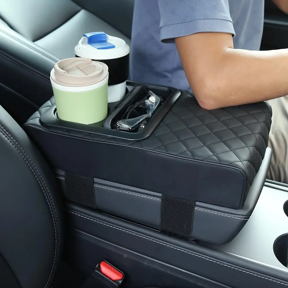 Car Armrest Cushion - Multifunctional Faux Leather Armrest Cushion with Cup Holder, Phone Storage, and Ergonomic for All Seasons
