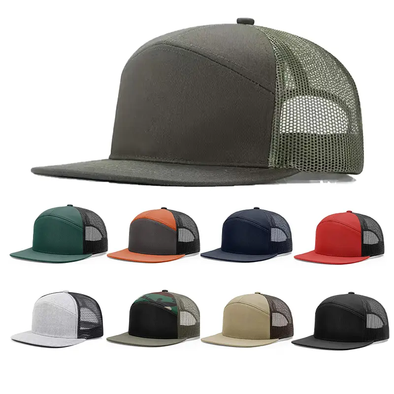 Unisex 7-Panel Cotton Snapback Hat with Mesh Back Panel, Flat Brim, Trucker Visor Hat, Machine Washable Design