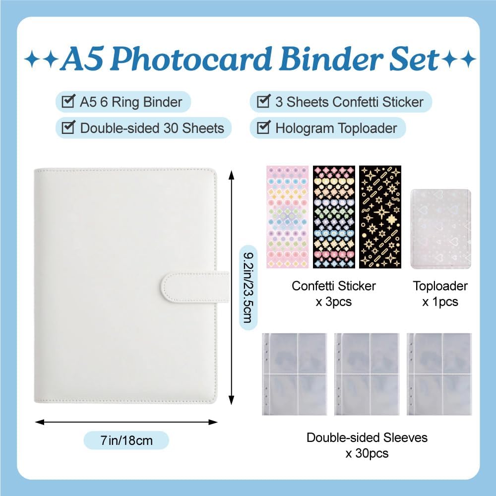A5 Kpop Photocard Binder with 240 Pockets, Photocard Holder Album with 30  Double Sided Photocard Sleeves Pack, 6 Ring PU Leather Binder Cover, Cute  Polaroid Organizer Book (White) - TikTok Shop