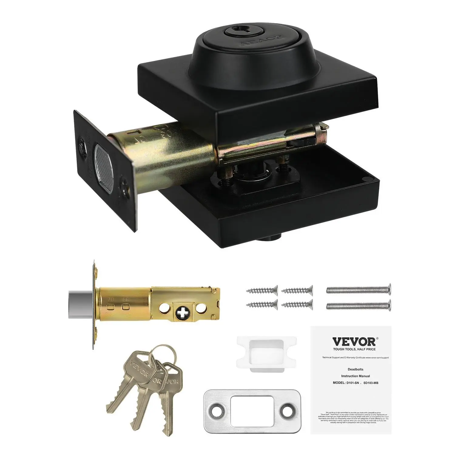 【DealsForYouDays】VEVOR Deadbolt Lock, Square Single Cylinder Dead Bolt, Keyed 1 Side, Fits Standard Size Interior and Exterior Doors, Full Metal, with 3 Keys, for Front Entry Door Residential Security, Matte Black