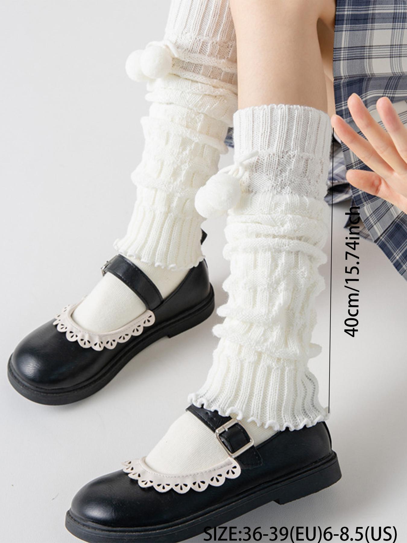 Women's Cable Knit Leg Warmers, Cute Fashion Pom Pom Bow Frill Knitted Design Leg Warmers for Fall & Winter, Comfortable Fabric Cold Weather Gear, Womenswear