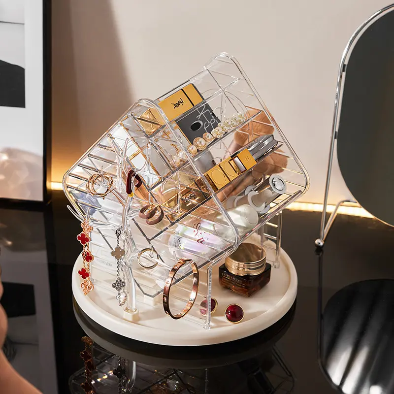 Desktop cosmetic storage box, rotatable makeup brush organizer, skincare tray, storage rack, dressing table jewelry stand