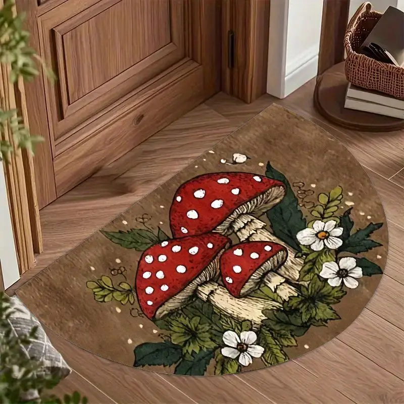1pc Polyester Forest Mushroom Print Semi-Circular Cozy Floor Mat - 1-Piece Machine Washable Easy-Clean House Decor Rug for Living Rooms, Whimsical Household Textile