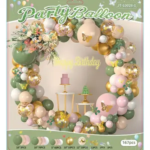 167-Piece Round Pink & Green Balloon Arch Garland Kit with Pump, 18/12/10/5-Inch Metallic Gold, Baby Pink, Grass Green, Sand White, Nude & Confetti Balloons for Birthday Decorations, Balloon Arch Balloons, Colorful Latex Balloons