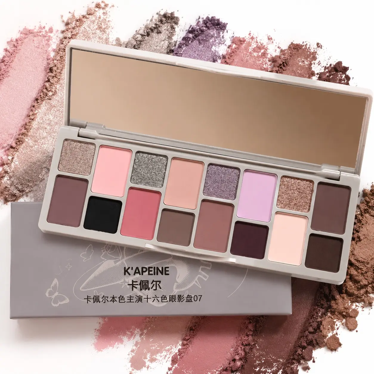 K'apeine 16 Colors Dusty Mauve Eyeshadow Palette, Matte Finish, Silver Color, Metallic Glitter, Nude Shades, Smoky & Daily Makeup