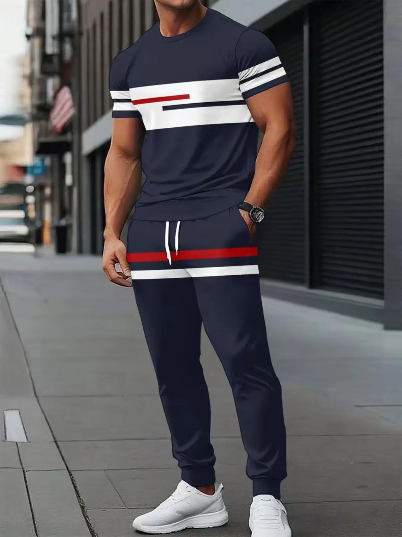 Men's Polyester Sportswear Set, Elegant Casual Round Neck, Slightly Stretchy Knit with 3D Print, Regular Fit 2-Piece Set, Casual Sporty Set, Patterned Short Sleeve T-Shirt and Long Pants