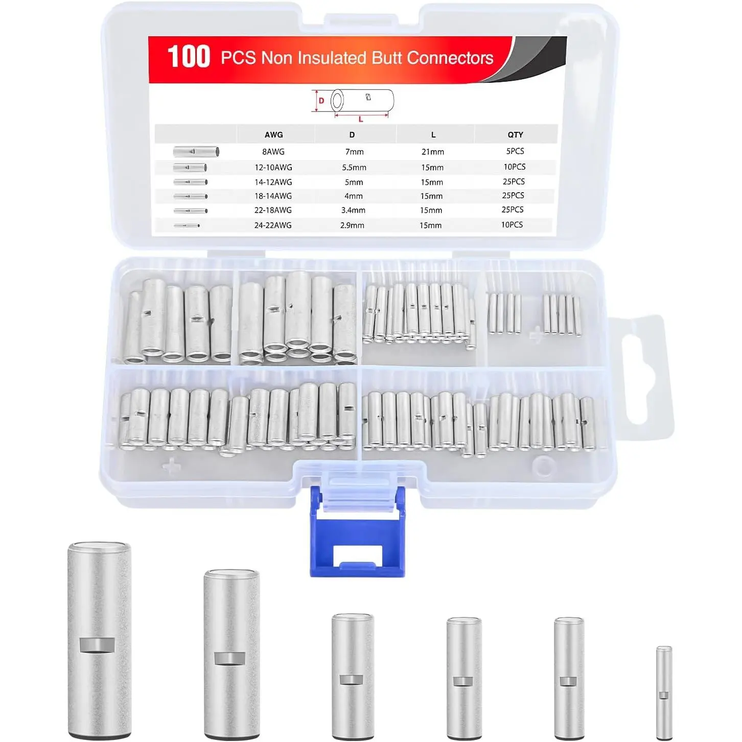 Nilight 100 Pcs Non-Insulated Butt Connectors Kit - 24-8 Gauge Pure Tin-Plated Copper Crimp Terminals with Center Positioning, Butt Splice, Low Resistivity, Chamfered Barrel Ends for Automotive, Custom Wire Harness Building