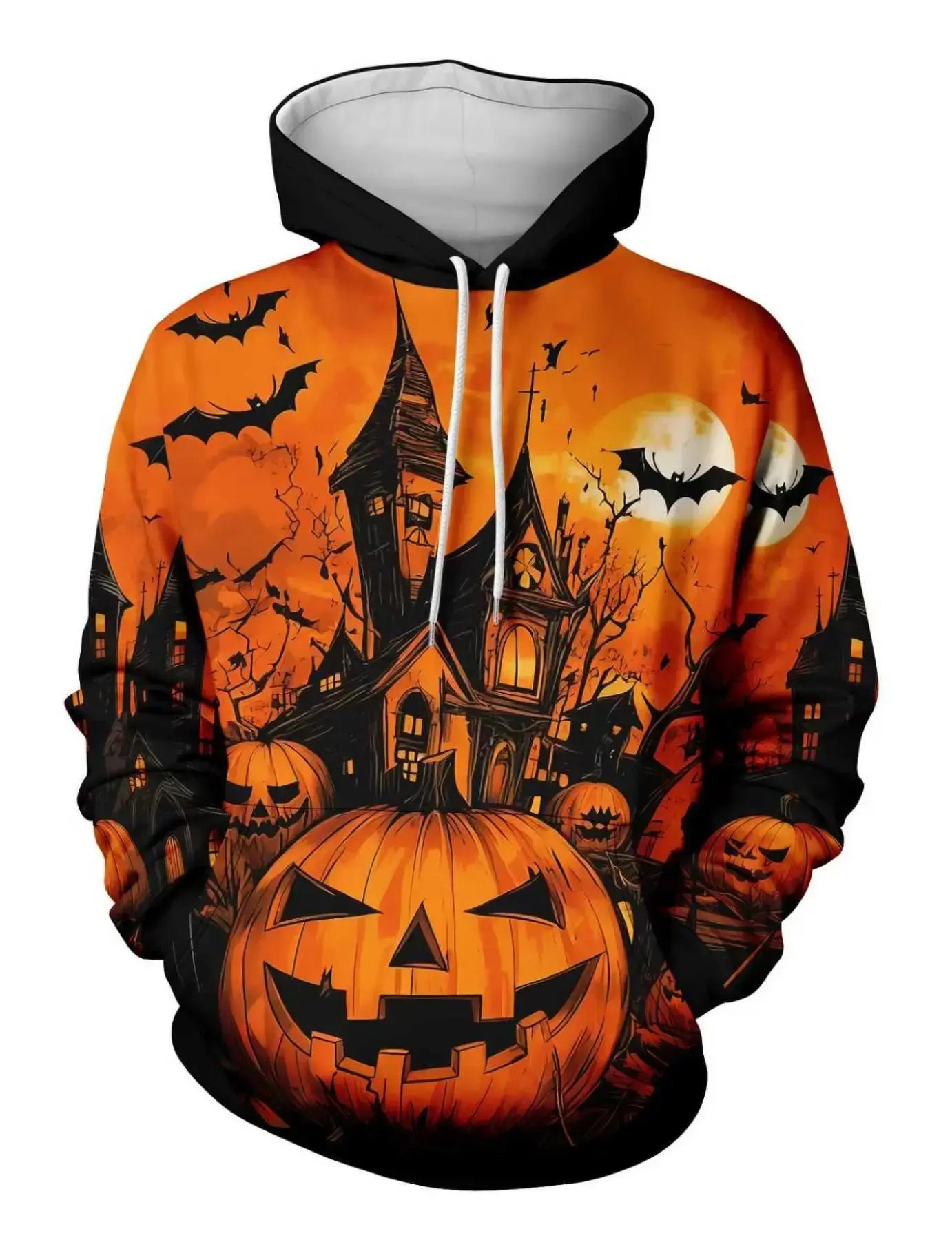 Unisex Halloween Hoodie with All‑Over Print of Pumpkins, Haunted Castle, Bats and Full Moon, Street‑Style Casual Pullover with Kangaroo Pocket for Festival Party Outfits