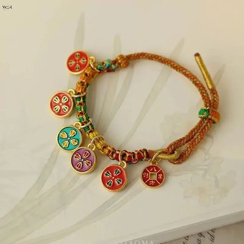 Floral Enamel Coin Charm Bracelet for Women, Bohemian Ethnic Jewelry, Adjustable Cord for Comfortable Daily Wear, All-Day Wear, Auspicious, Colorful Hand Rope, Female, Youth, Girl, Contact Customer Service, Gold Tone, Lightweight, Adjustable Size, Bracele