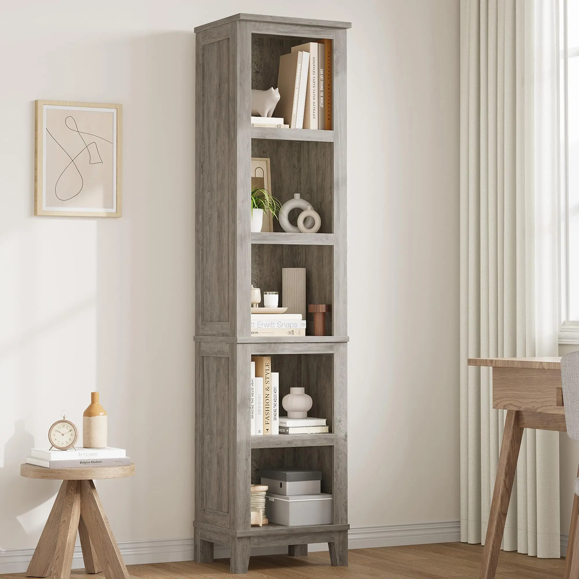 Narrow Bookcase 5 Tier Corner Bookshelf Wooden Farmhouse Bookshelves Rustic Vintage Etagere Oak for Home Office, Living Room, Bed Room