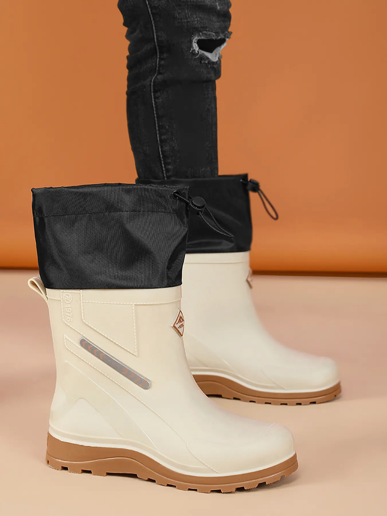 Waterproof Mid-Calf Rain Boots for Men Drawstring Closure Anti-Slip Wear-Resistant Sole Durable PVC Wellies for Outdoor Working Farming Rainy Days Trudge Boots