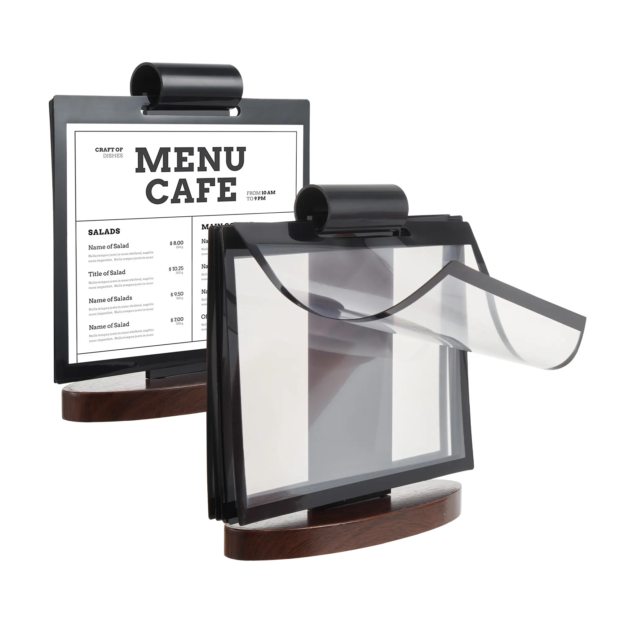 2 Pack A5 Acrylic Turn Over Menu Sign Holder – Tabletop Easel Stand with Walnut Wood Base – Horizontal Display Rack