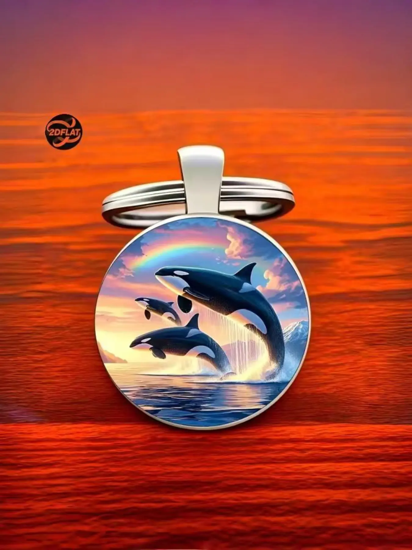 2D Flat DIY Keychain, Vintage Rainbow Whale Pattern, Round Glass Keychain, Car Decoration, Wedding Birthday Graduation Christmas Gift