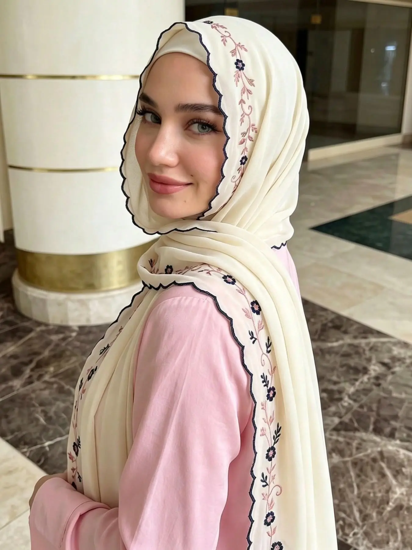 Women's Vintage Solid Color Chiffon Vine Embroidered Long Scarf, Modest Muslim Prayer Wear, Floral Embroidered Chiffon Shawl, Elegant Streetwear Wrap