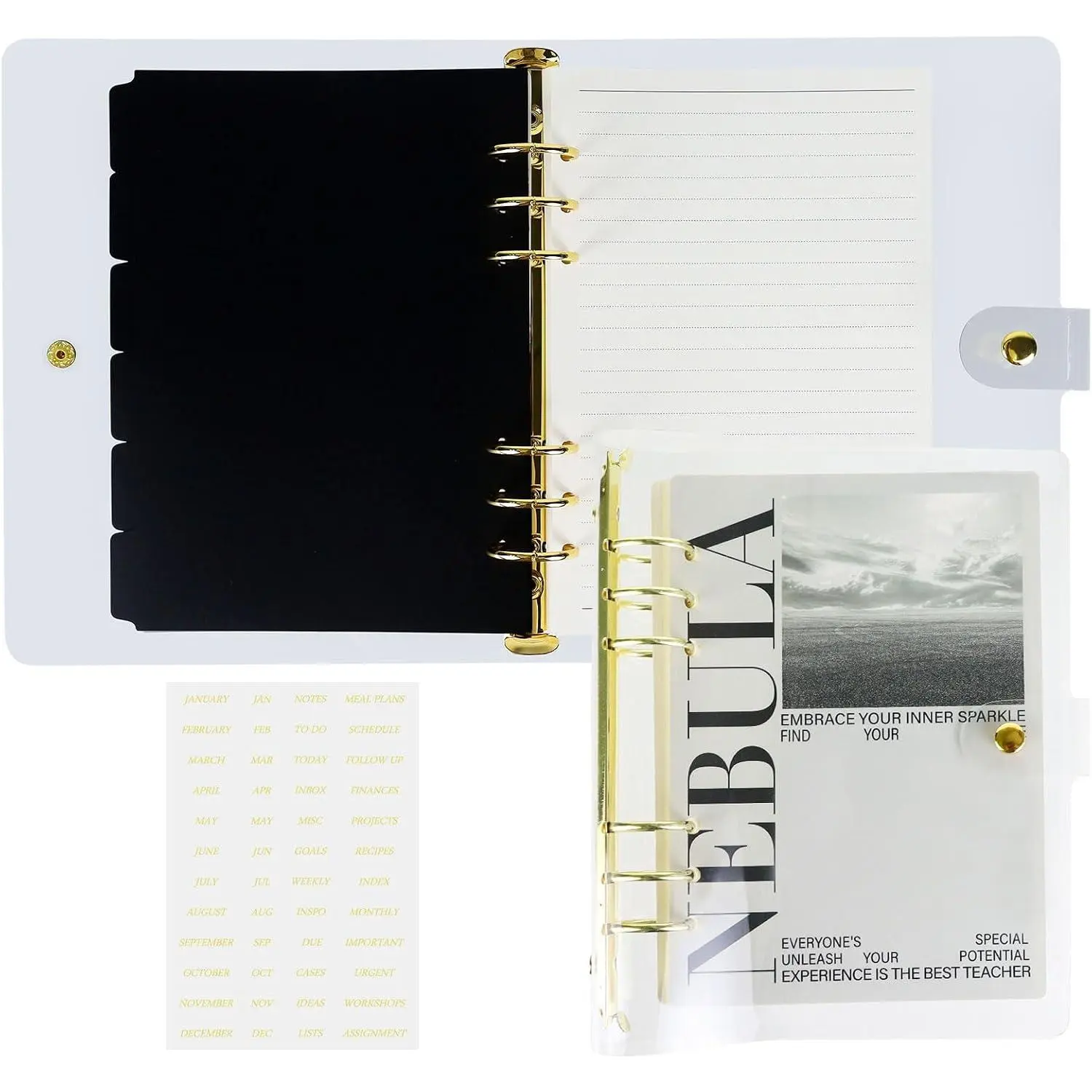 Complete A5 6-Ring Binder Set, Clear PVC Transparent A5 Planner Binder with Lined Paper, Dividers, Stickers and Storage Bag, Loose Leaf Notebook for School Office Journaling ()
