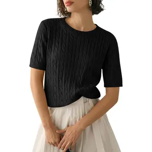 Saodimallsu Womens Cable Knit Sweater Tops Short Sleeve Crew Neck Loose Casual Summer Pullover Sweaters