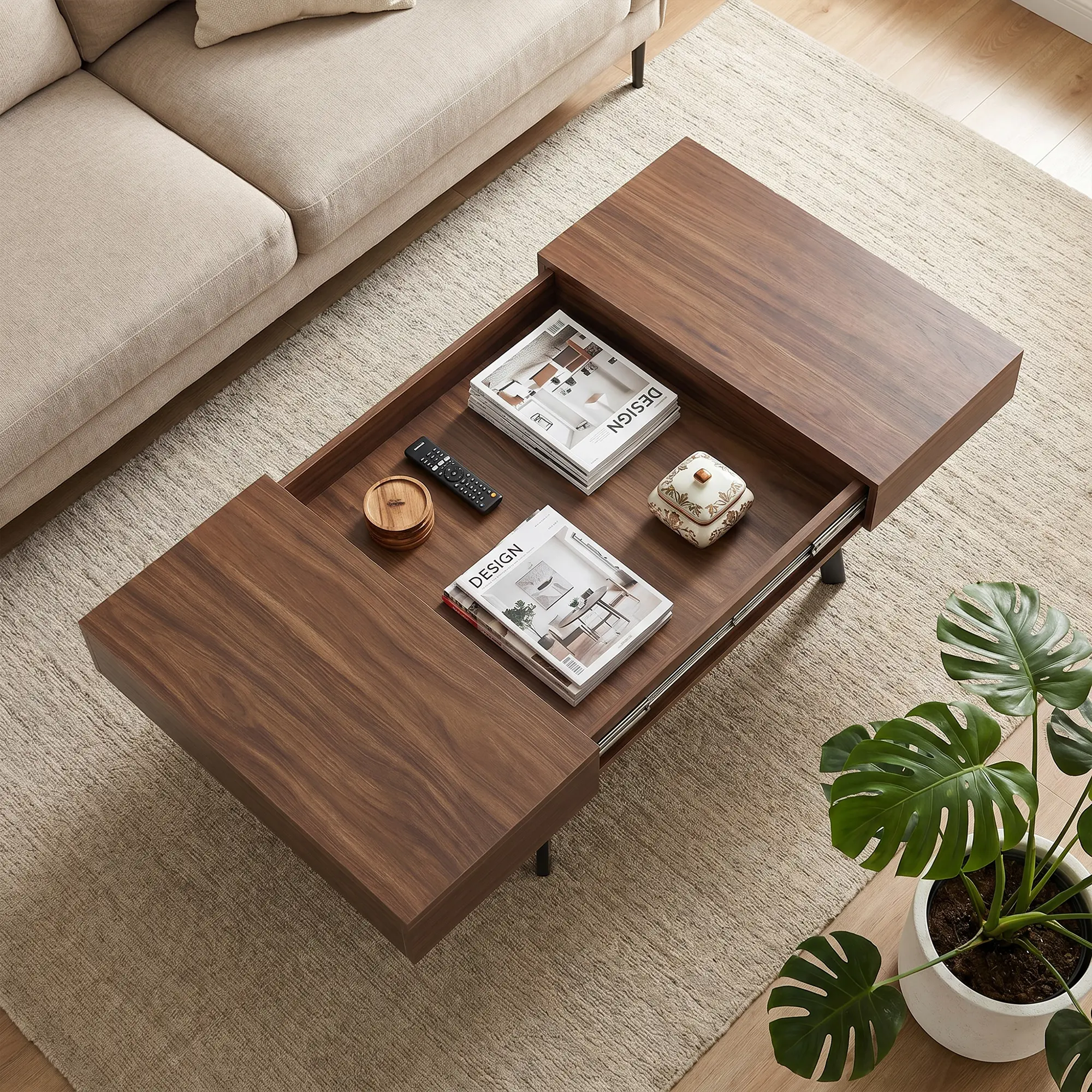 31"-58" Extendable Coffee Table with 2 Hidden Storage  Square Wood Grain Coffee Table with Sliding Expandable Tabletop, Modern Center Table for Living Room