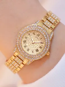 Full Diamond Quartz Watch, Analog Quartz Watch, Luxurious Rich Look, Roman Numerals, All-Over Diamonds, Teen Girls Fashion Accessory