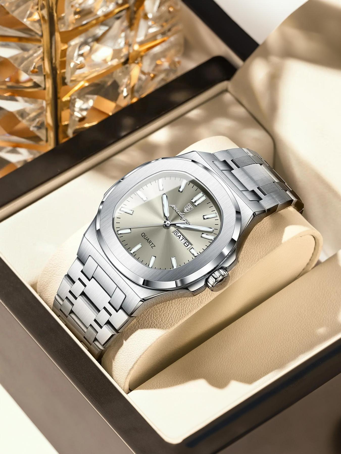 Men's Business Fashion Waterproof Luminous Dial Analog Quartz Watch, Stainless Steel Watches, Fashion Watch for Party, Daily Clothing Decor, Trendy All-match & Exquisite Watch for Birthday Gift with Box