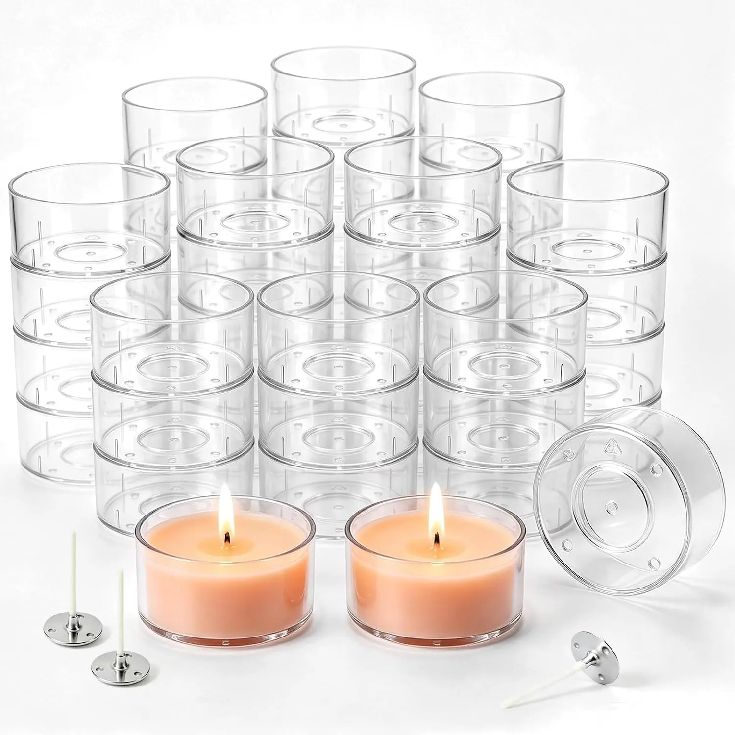 50 count Clear  Lights Cups, Empty Case Candle Wax Containers | Plastic  Light Tins with 50 count Candle Wicks Packaged in Carton Box, Candle Mold for DIY Candles Making Supplies