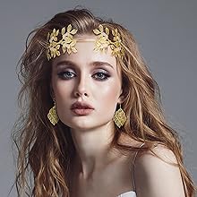 Florideco 9 Pcs Greek Goddess Costume Accessories Set for Women Golden Laurel Leaf Crown Headband Upper Arm Coil Bracelet Pearl Leaf Dangle Earring Artificial Pearl Earrings Necklace Bridal Wedding