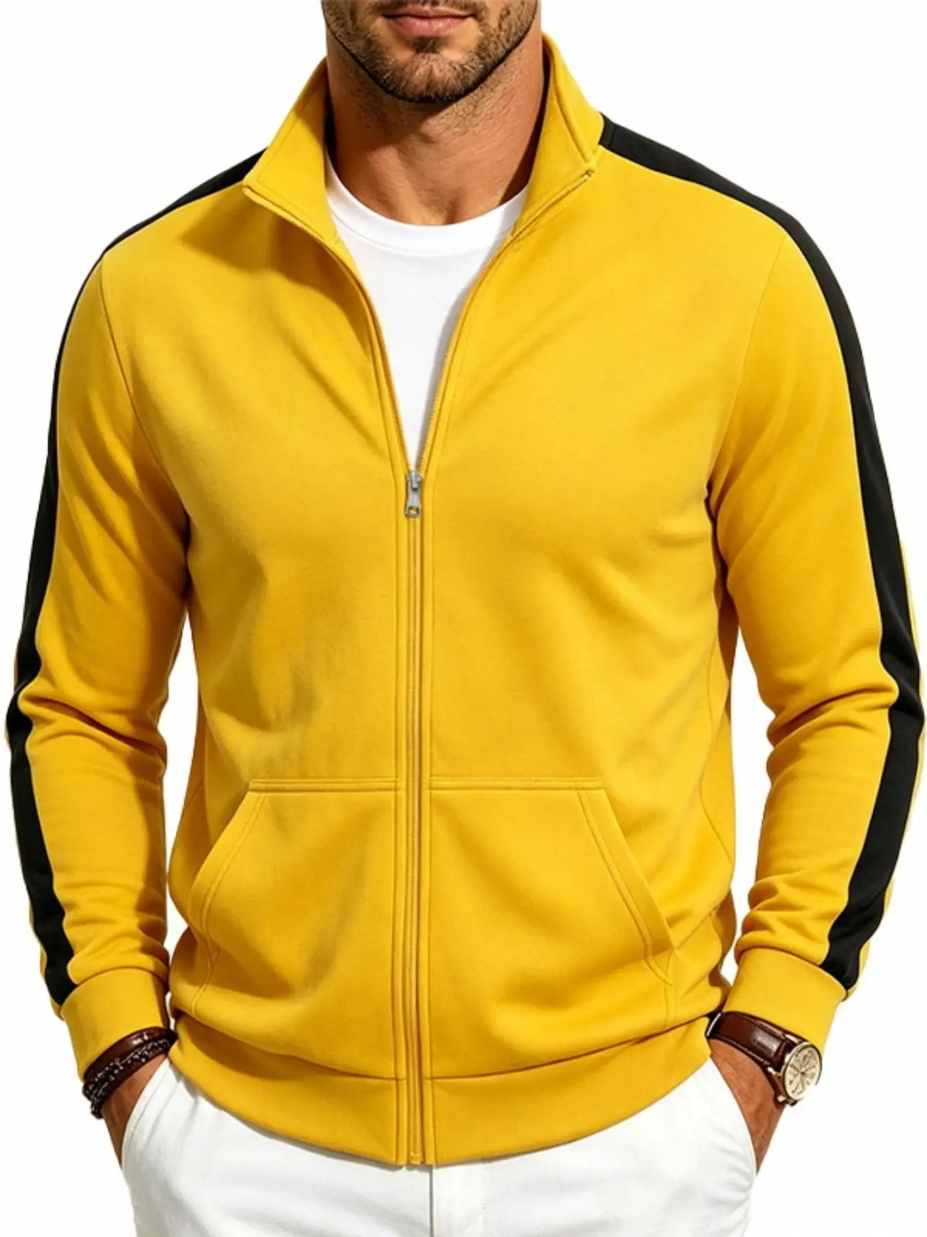 American Vintage Track Jacket, Dual Side Color Block Stripes, Stand Collar Full Zip Long Sleeve, Men's Fitness Walkwear, Elastic Casual Outerwear