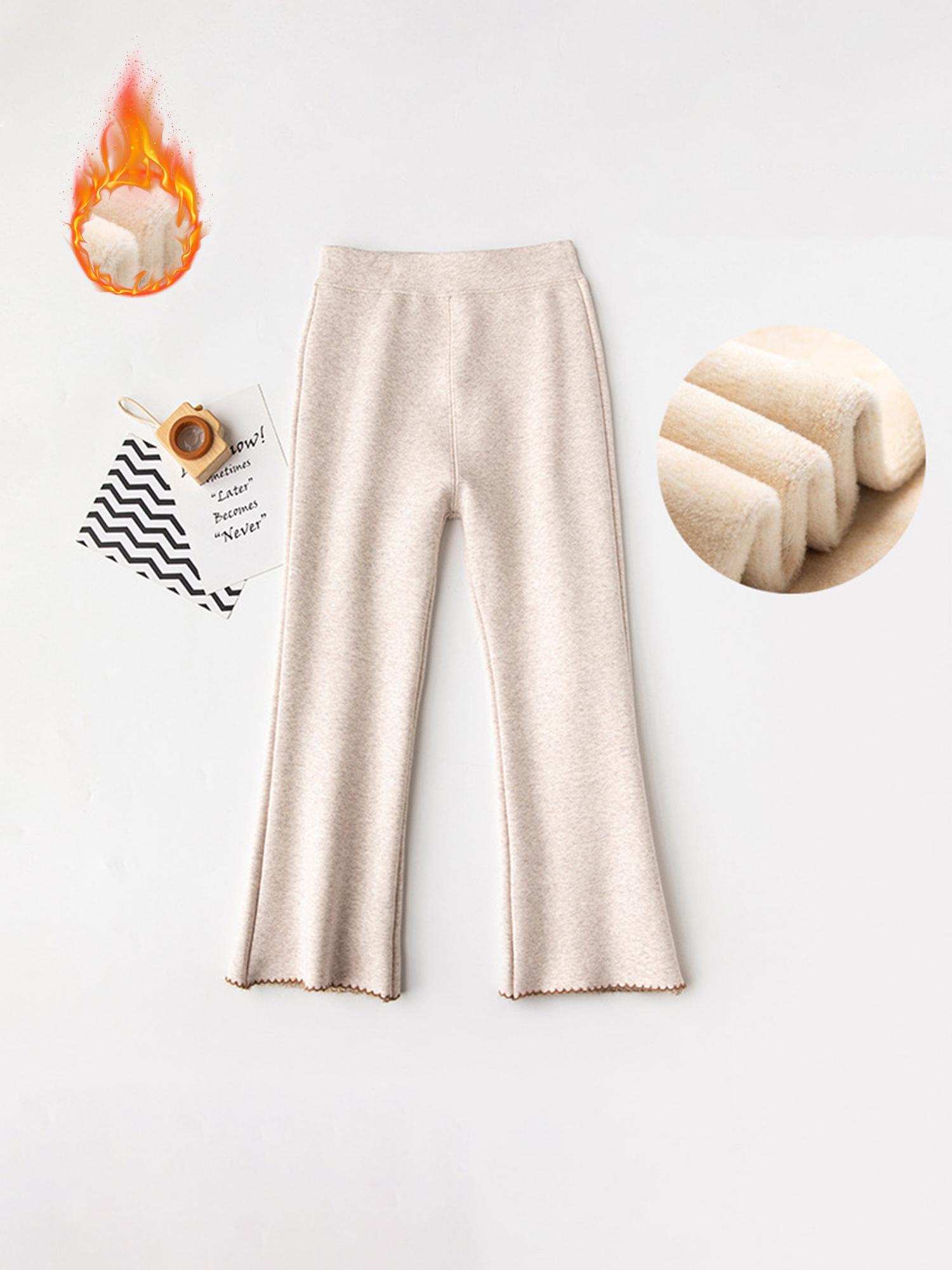 Girls' Fleece-Lined Thickened Flared Pants - Korean-Style Slim-Fit Winter Warmth with Elastic Waist & Flared Leg, Soft Fleece Lining, Loose Fit Casual Pants for Fall/Winter, Solid (Candy-Colored Options Available) - Everyday & Special Occasion Outfi