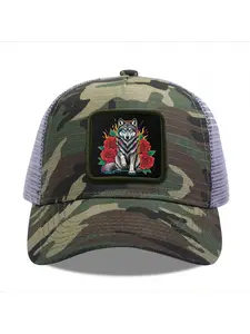 Colorful Wolf with Roses Camouflage Mesh Baseball Cap for Men & Women - Adjustable Snapback Trucker Hat, Breathable Back for Hiking, Fishing, Camping, Golf & Casual Outdoor Attire Camouflage Random