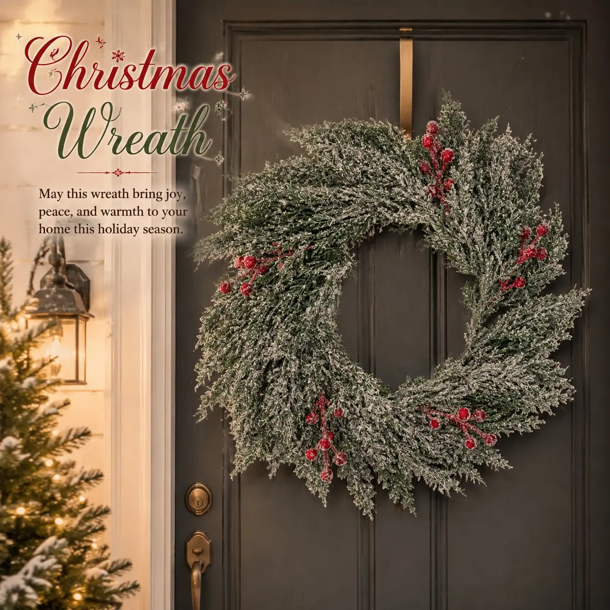 2pcs Vintage Flocked Frost Cedar Red Berry Christmas Wreath, Hotel Cafe Corridor Window Layout, Hanging Decor for Christmas Eve Dinner Party