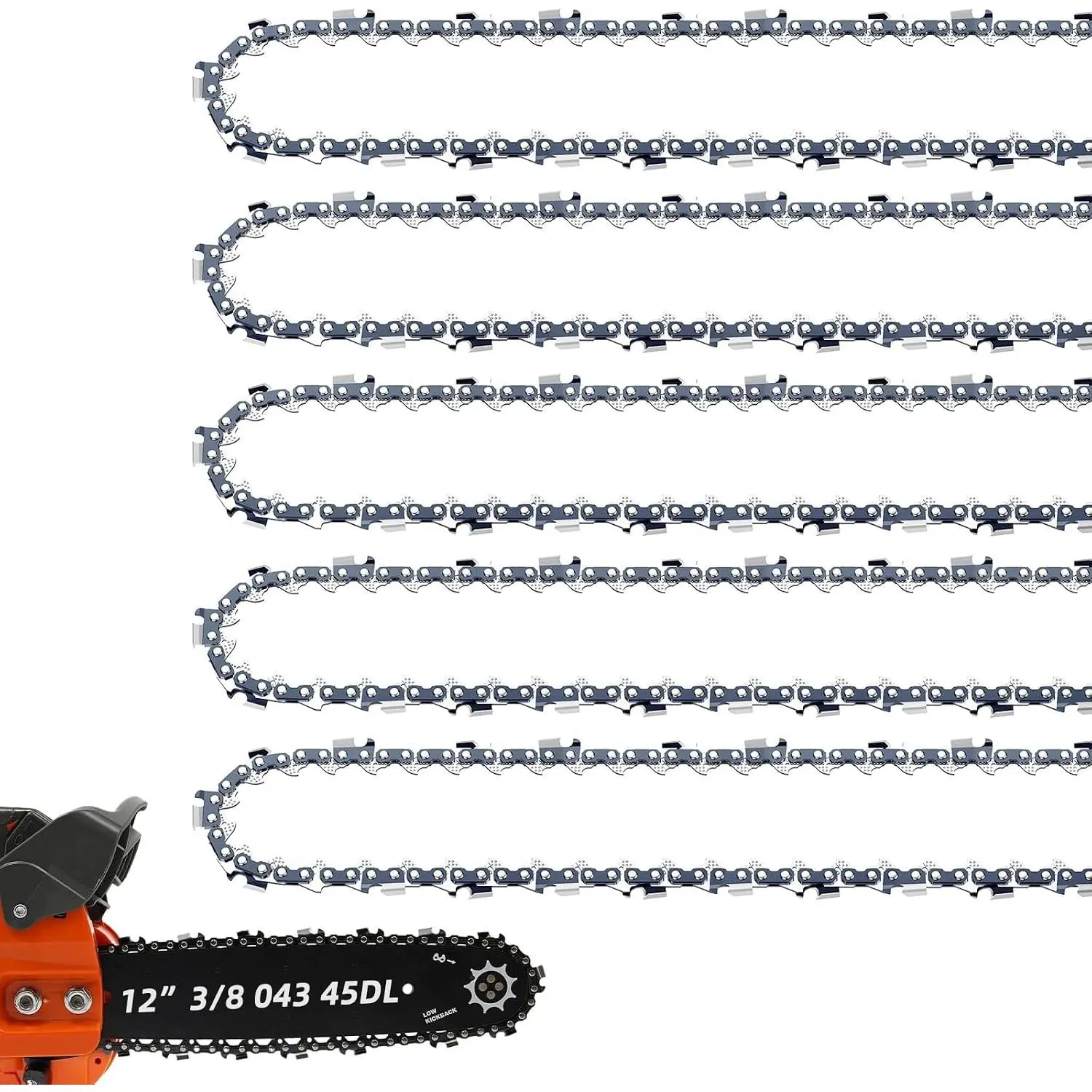 5 Pack 12 Inch  Chain .043" Gauge 3/8" LP Pitch 45 Drive Links | 12”  Chains Fits  20V DCCS620, WORX, Kobalt 1224, Ryobi, Craftsma R45 and
